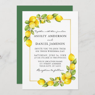Watercolor Lemons Gold Frame Greenery Wedding Invitation