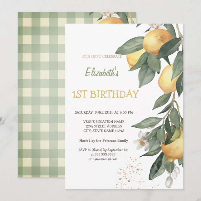 Watercolor Lemons Green Plaid Birthday  Invitation (Front/Back)