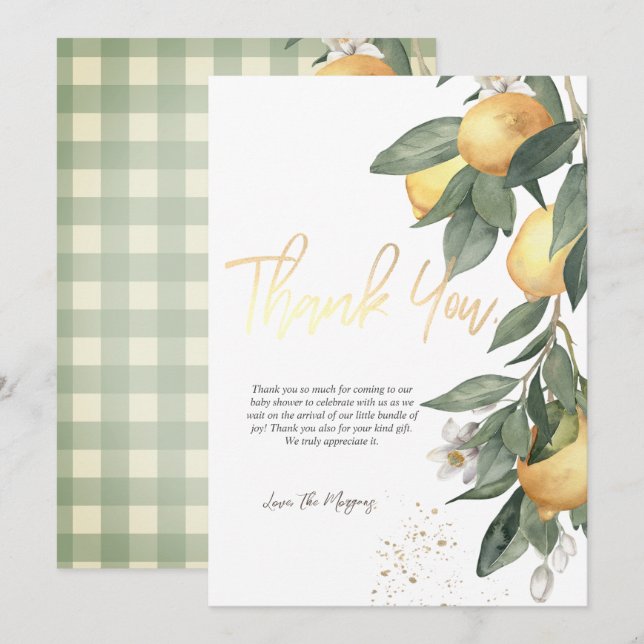 Watercolor Lemons Green Plaid Thank You Card (Front/Back)