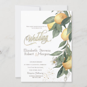 Watercolor Lemons Green Plaid Wedding Invitation