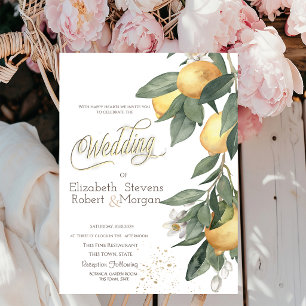 Watercolor Lemons Green Plaid Wedding Invitation