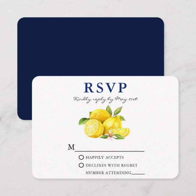 Watercolor Lemons Greenery Blue Back RSVP Card (Front/Back)
