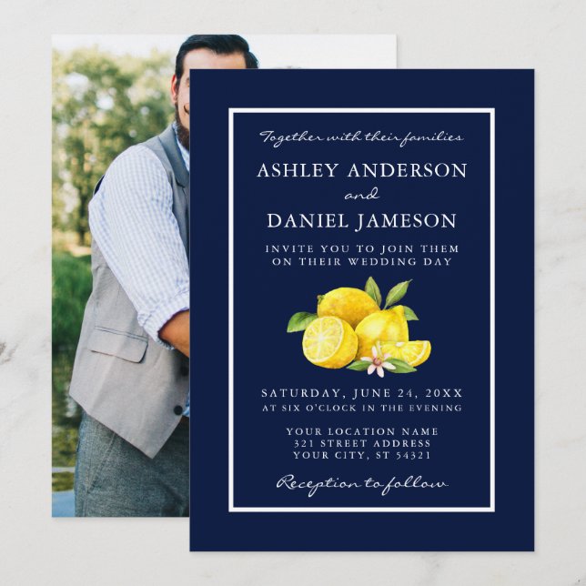 Watercolor Lemons Greenery Blue Wedding Photo Invitation (Front/Back)