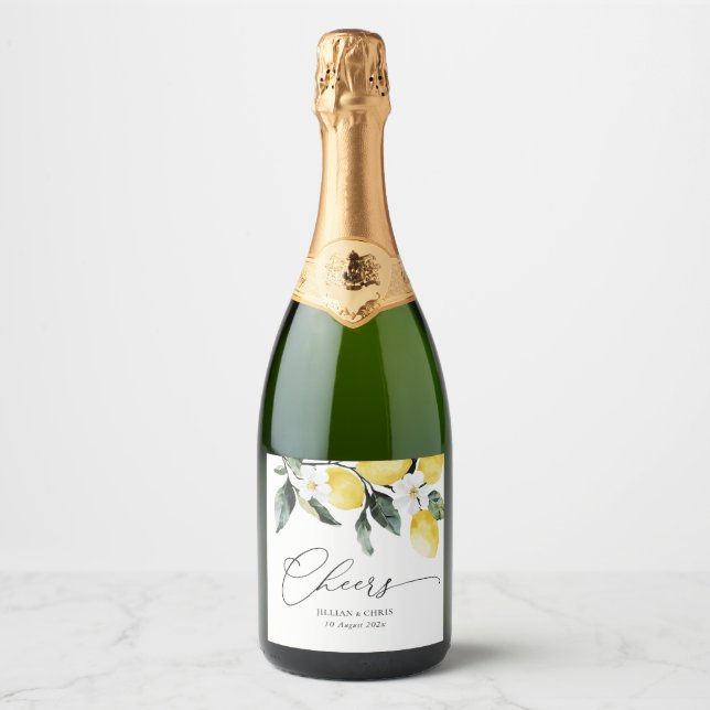 watercolor lemons greenery floral wedding sparkling wine label (Front)