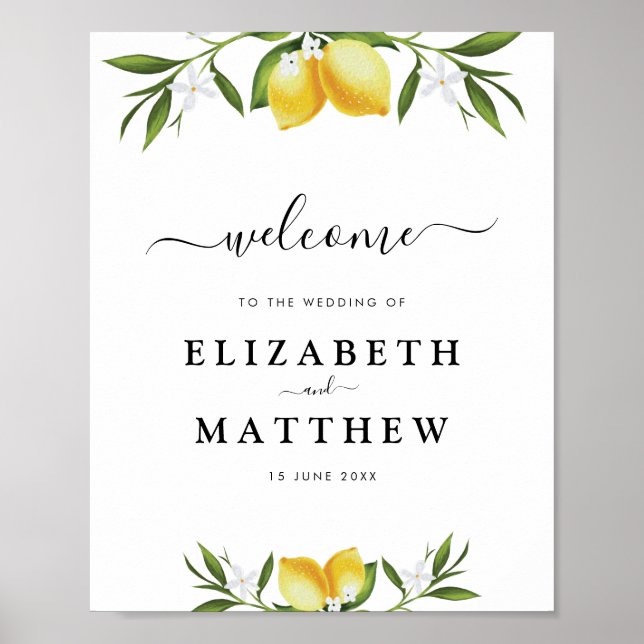 Watercolor lemons & greenery foliage wedding sign (Front)