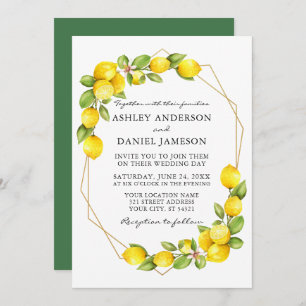 Watercolor Lemons Greenery Geo Frame Green Wedding Invitation