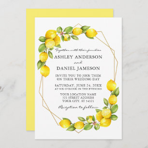Watercolor Lemons Greenery Geo Frame Wedding Invitation