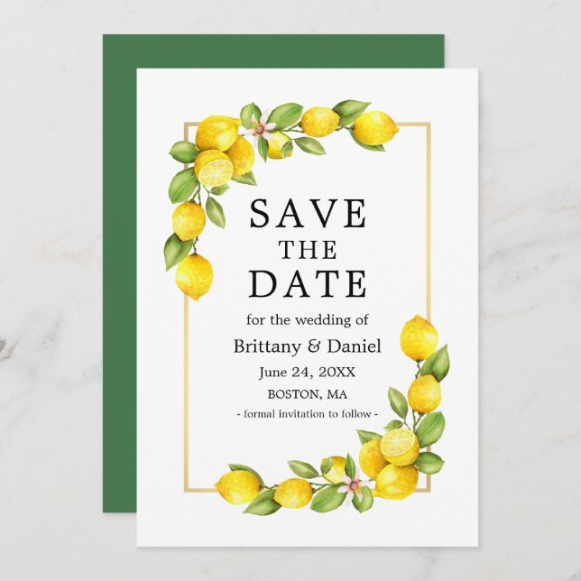 Watercolor Lemons Greenery Gold Frame Green Save The Date (Front/Back)