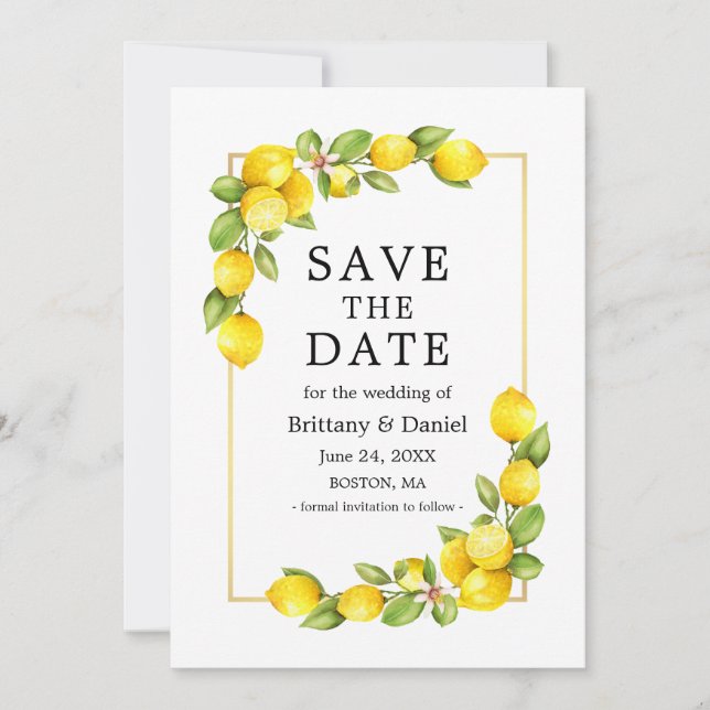Watercolor Lemons Greenery Gold Frame Save The Date (Front)