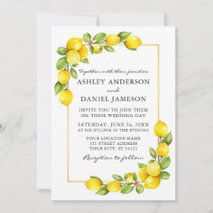 Watercolor Lemons Greenery Gold Frame Wedding Invitation