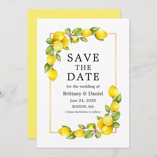 Watercolor Lemons Greenery Gold Frame Yellow Save The Date (Front/Back)