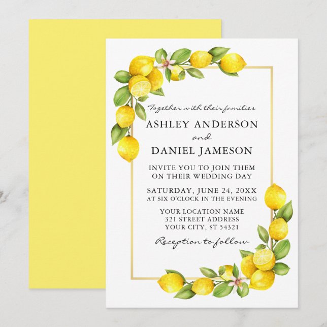 Watercolor Lemons Greenery Gold Yellow Wedding Invitation (Front/Back)