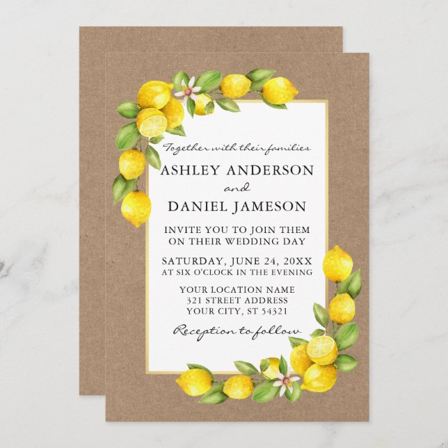 Watercolor Lemons Greenery Kraft Wedding Invitation (Front/Back)
