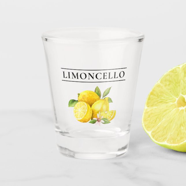 Watercolor Lemons Greenery Limoncello Shot Glass (Front)