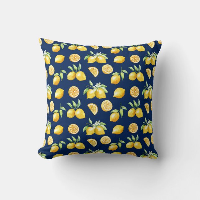 Watercolor Lemons Greenery on Navy Background | Cushion (Front)