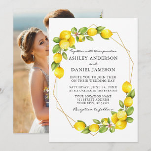 Watercolor Lemons Greenery Photo Geo Frame Wedding Invitation