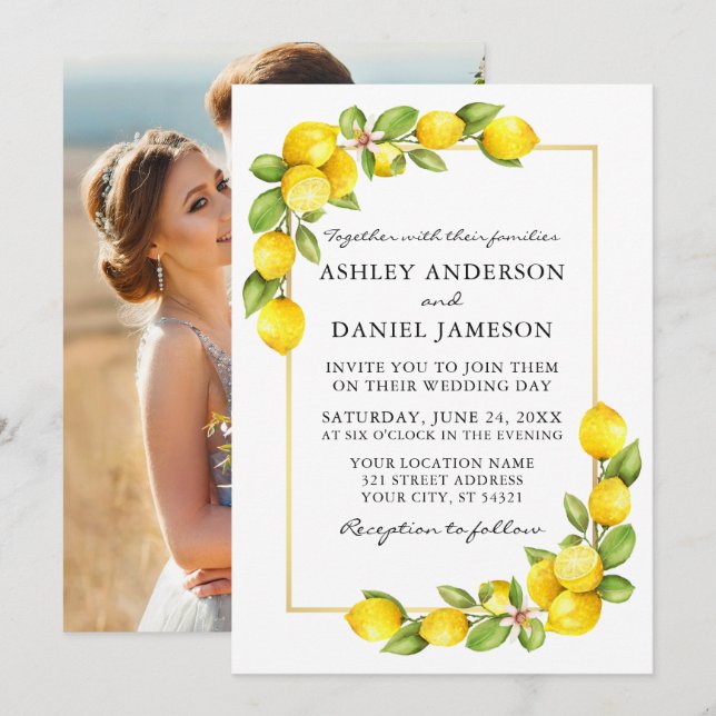 Watercolor Lemons Greenery Photo Gold Wedding Invitation (Front/Back)