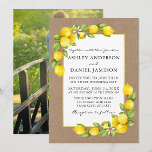 Watercolor Lemons Greenery Photo Kraft Wedding Invitation