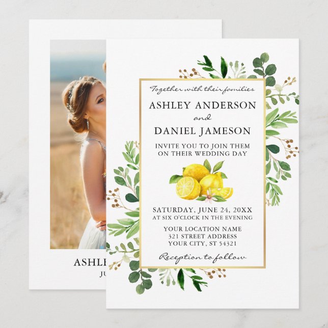 Watercolor Lemons Greenery Photo Wedding Invitation (Front/Back)
