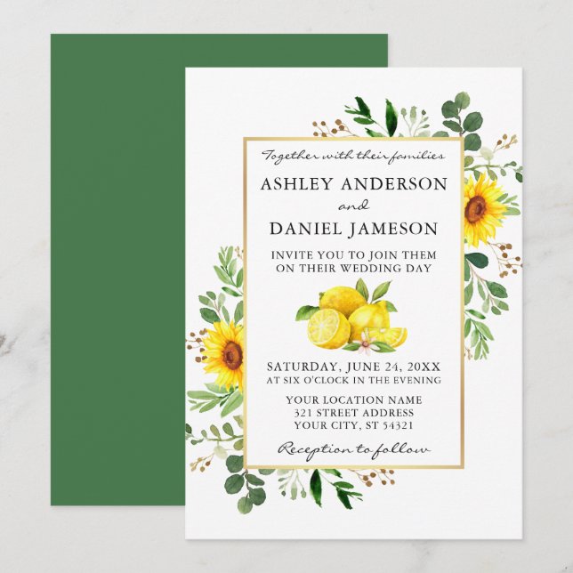 Watercolor Lemons Greenery Sunflowers Wedding Invitation (Front/Back)