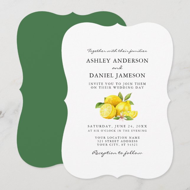 Watercolor Lemons Greenery Wedding GB Invitation (Front/Back)
