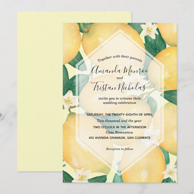 Watercolor Lemons Greenery Wedding Invitations (Front/Back)