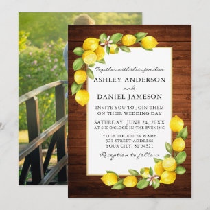 Watercolor Lemons Greenery Wood Photo Wedding Invitation