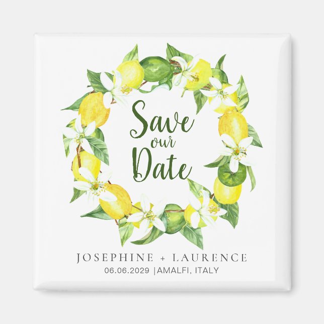 Watercolor Lemons Greenery Wreath  Save The Date  Magnet (Front)