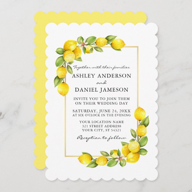 Watercolor Lemons Greenery Yellow Wedding Invitation (Front/Back)