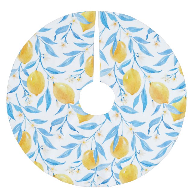 Watercolor lemons: hand-drawn pattern. brushed polyester tree skirt (Front)