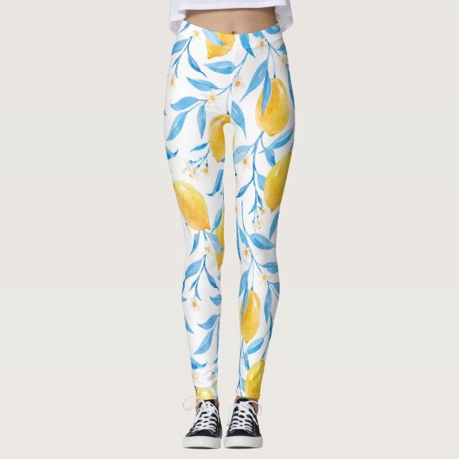 Watercolor lemons: hand-drawn pattern. leggings (Front)