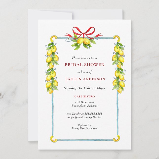 Watercolor Lemons Holiday Bridal shower  Invitation (Front)