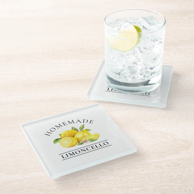Watercolor Lemons Homemade Limoncello Glass Coaster (Angled)
