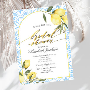 Watercolor Lemons Italian Blue Bridal Shower Invitation