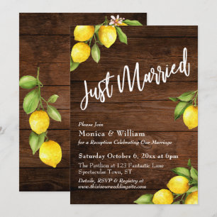 Watercolor Lemons Just Married on Rustic Wood Invitation