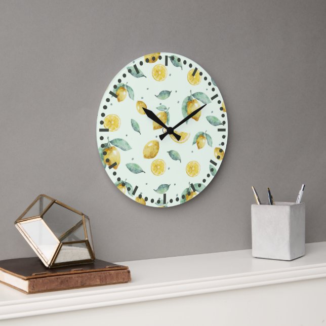 Watercolor lemons large clock (Office)