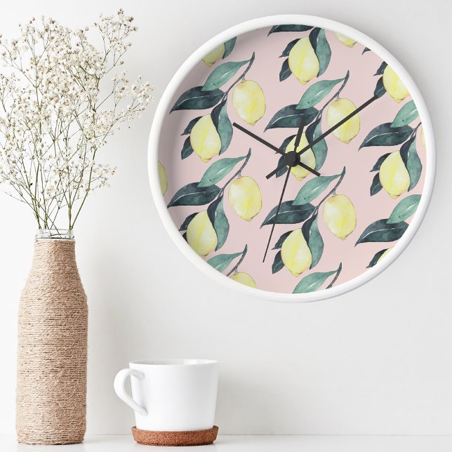 Watercolor Lemons & Leaves Yellow Seamless Pattern Round Clock (Creator Uploaded)