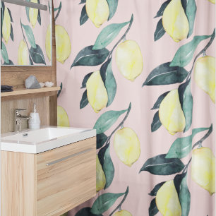Watercolor Lemons & Leaves Yellow Seamless Pattern Shower Curtain