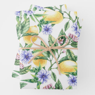 Watercolor Lemons, Lemon Blossom and Cornflowers Wrapping Paper Sheet