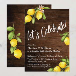 Watercolor Lemons Let's Celebrate on Rustic Wood Invitation