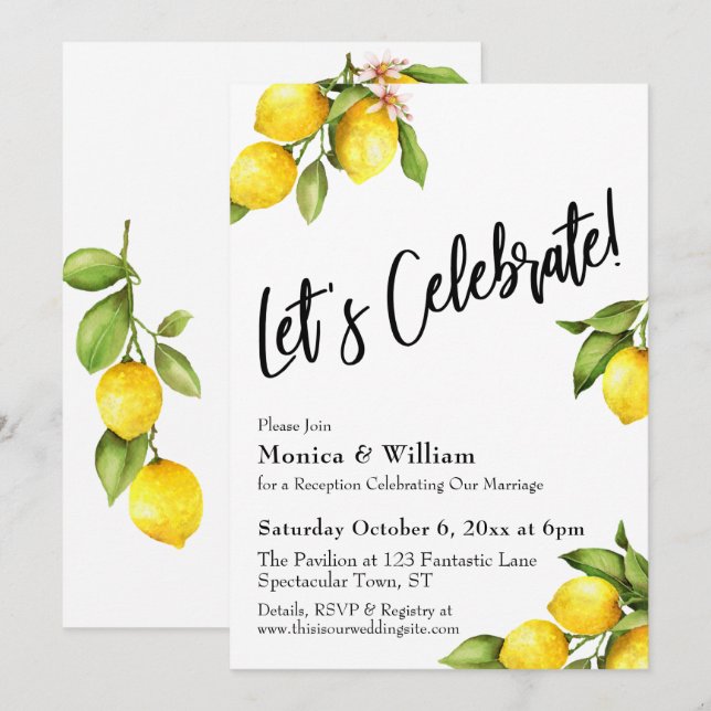Watercolor Lemons Let's Celebrate Typography Invitation (Front/Back)