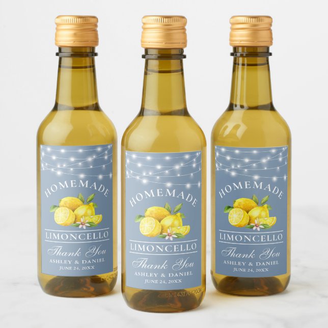 Watercolor Lemons Lights Dusty Blue Mini Bottle Wine Label (Bottles)