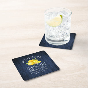 Watercolor Lemons Limoncello Blue Faux Wood Square Paper Coaster