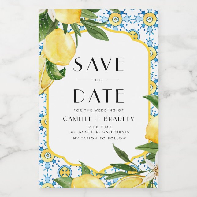 Watercolor Lemons Mediterranean Save the Date Wine Label (Single Label)