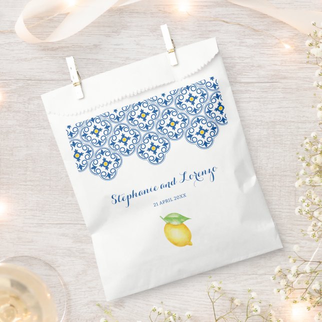 Watercolor Lemons Mediterranean Tile Blue Wedding Favour Bags (Clipped)