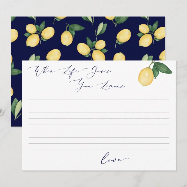 Watercolor Lemons & Navy Bridal Shower Advice Card (Front/Back)