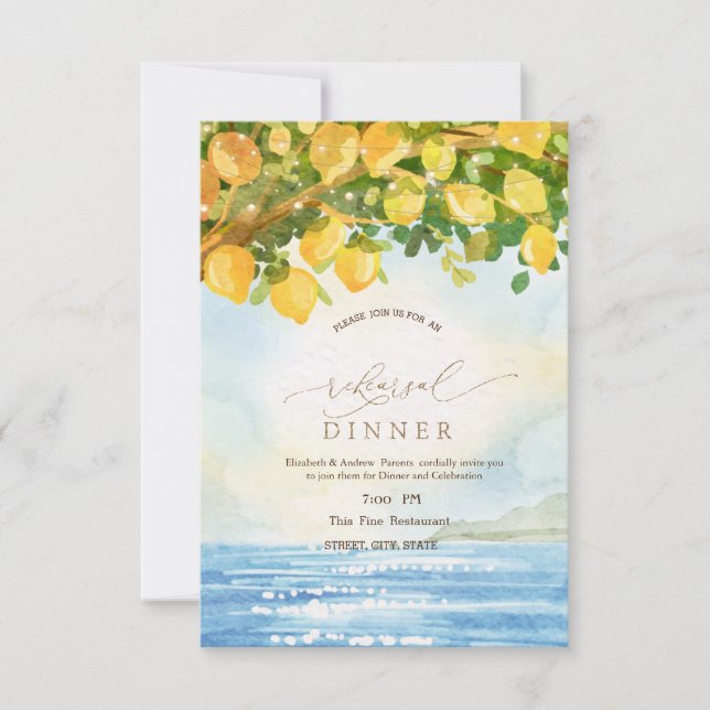 Watercolor Lemons Ocean Rehearsal Dinner Invitation (Front)
