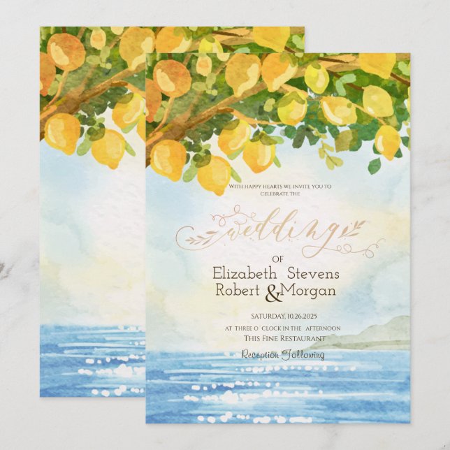 Watercolor Lemons Ocean Wedding Invitation (Front/Back)