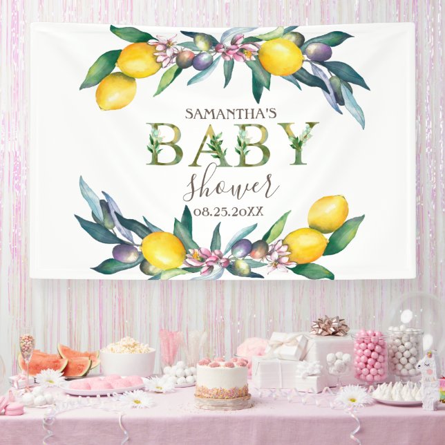 Watercolor Lemons Olives Baby Shower  Banner (Party)