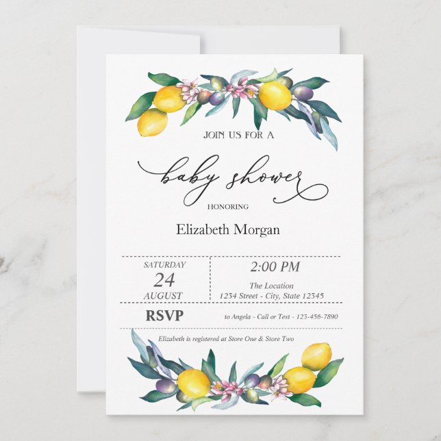 Watercolor Lemons Olives Baby Shower Invitation (Front)
